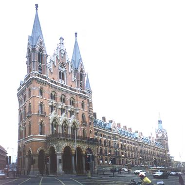 [The majestic Neo-Gothic St. Pancras railway station]