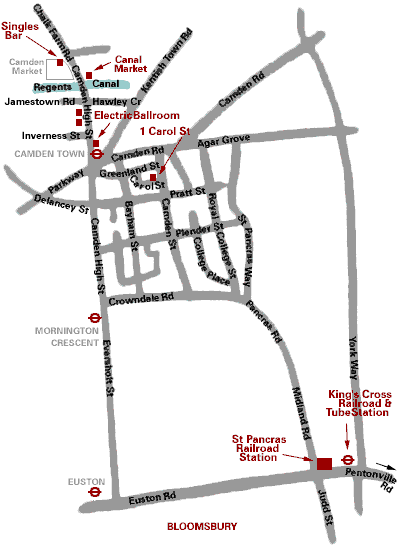 [MAP of Camden Town, with the beginning of Bloomsbury at the bottom edge. Starting at the bottom right corner moving towards the top left corner are: King's Cross railway station; St. Pancras railway station; the curved road which becomes Pancras Road with St. Pancras Way and Camden Street leading off it; following Camden Street with Carol Street leading off it; Carol Street bends and meets Greenland Street; Greenland Street meets Camden Road which becomes Parkway when it intersects Camden High Street; Camden High Street becomes Chalk Farms Road after it crosses Regents Canal in the upper left corner.]