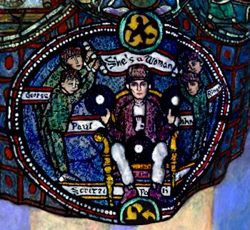 [Green enthroned on judgement day with the Beatles acting as the four arch-angels]